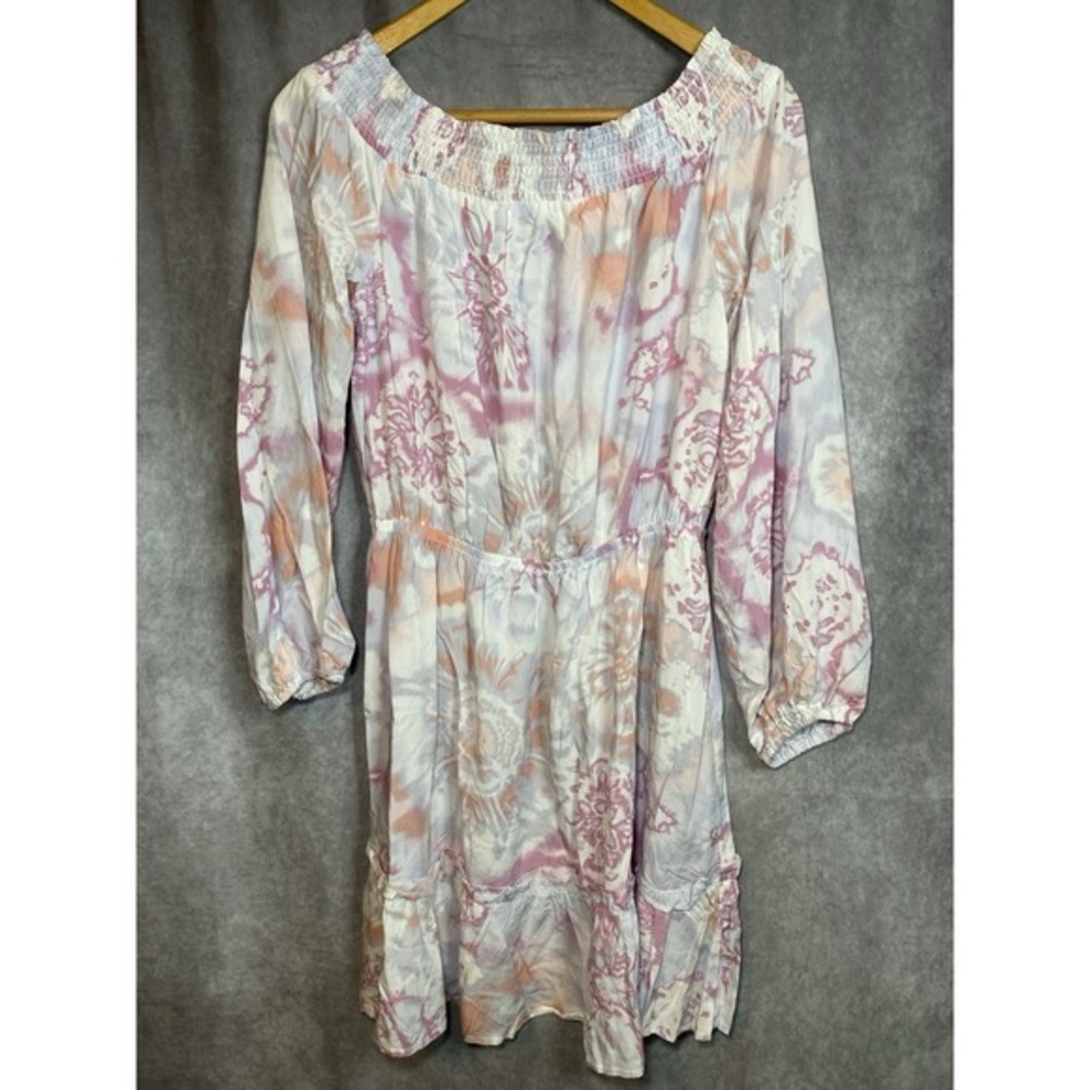 Boho Cottagecore Mini Dress Off Shoulder Sz L Off Shoulder Pastel Tie Dye NEW